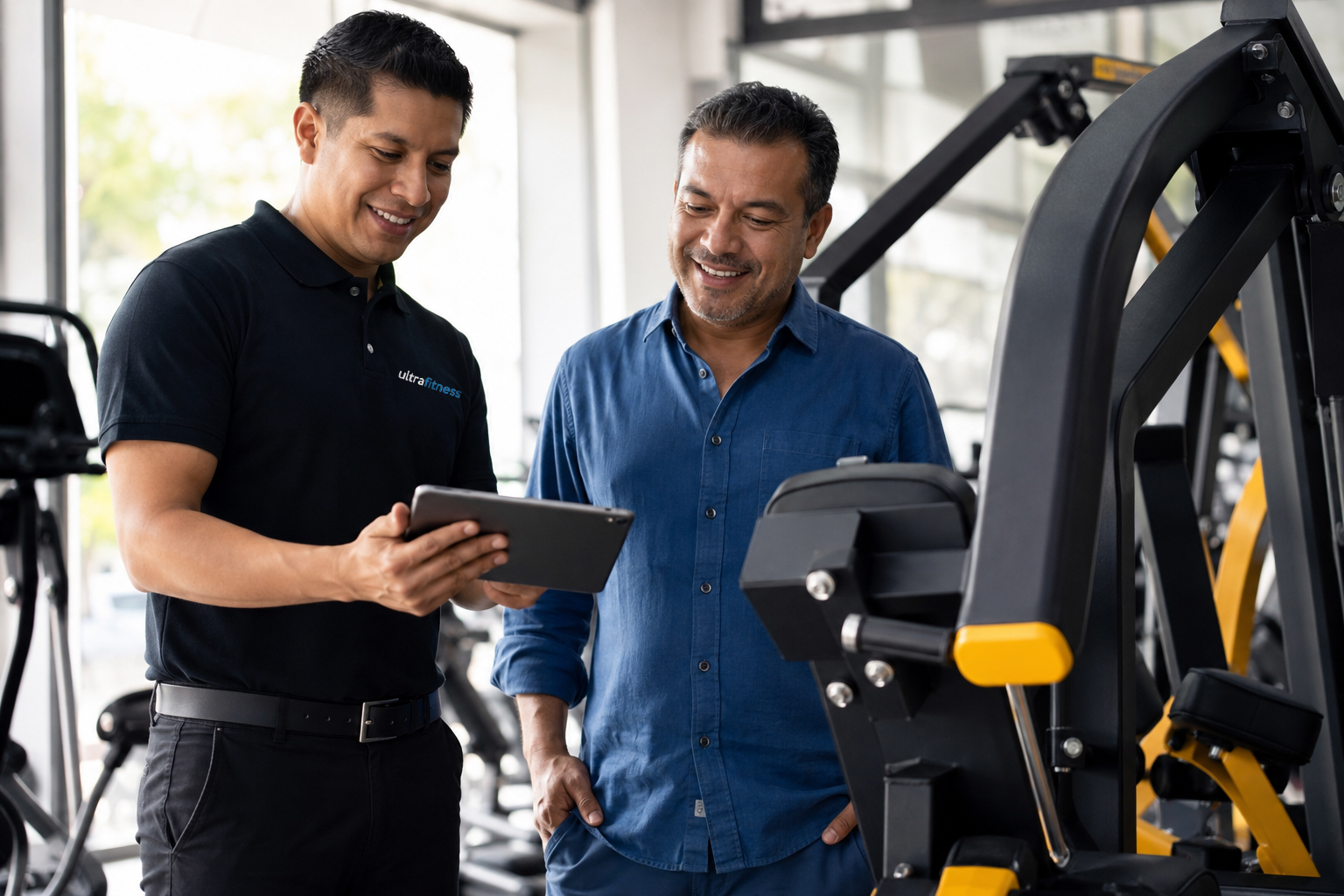 Asesor de Ultra Fitness mostrando equipo de gimnasio en el showroom